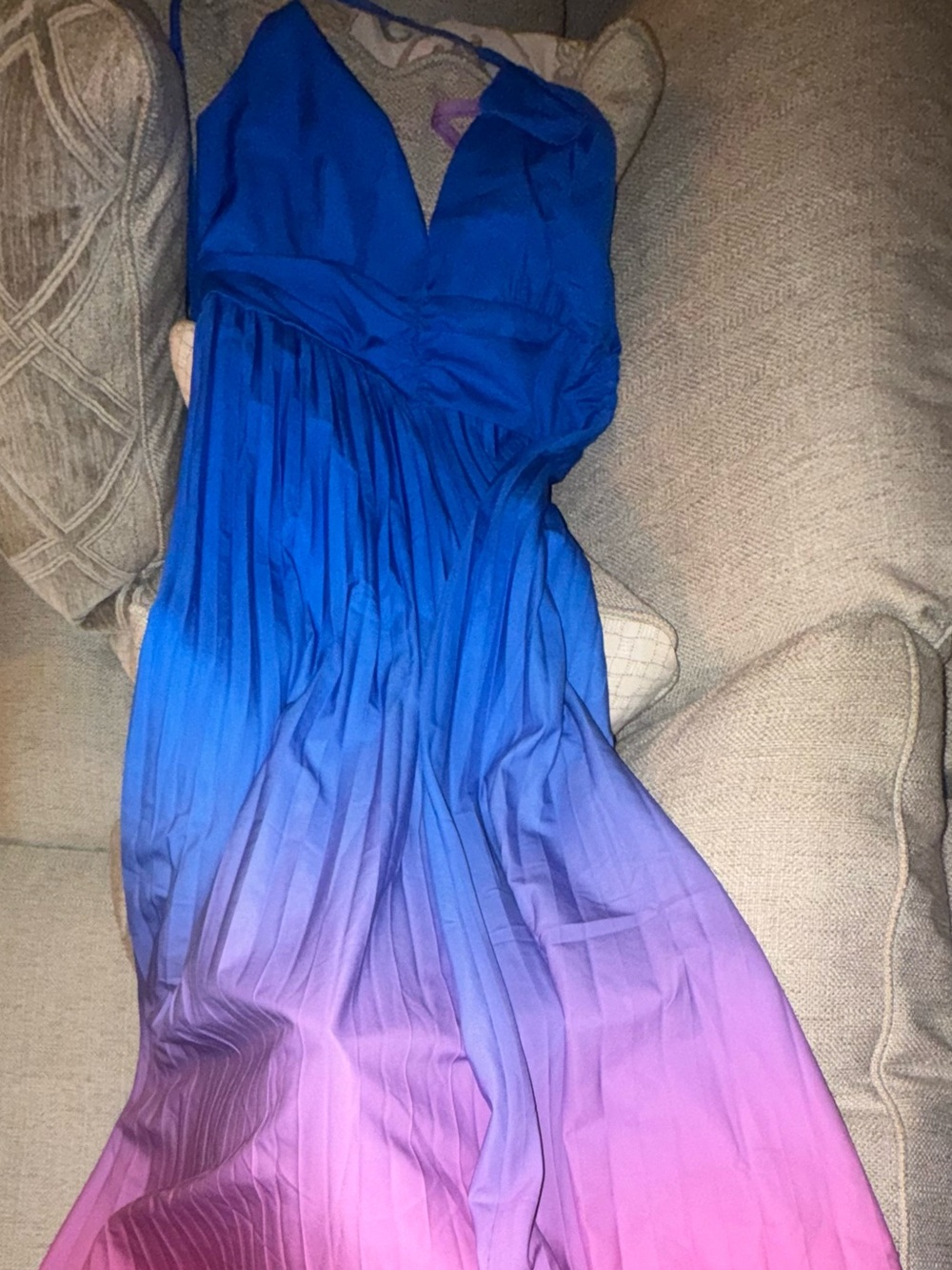 Blue to Pink Ombre Pleated Maxi Dress